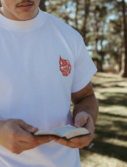 Person wearing a white Christian All Good Things t-shirt with a red logo, reading a bible outdoors.